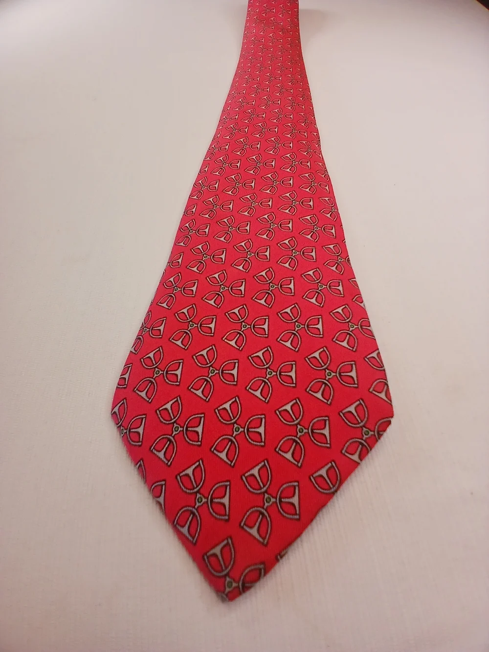 Vintage Hermes Paris #7479 IA Red Stirrups Equestrian,Silk Tie France.